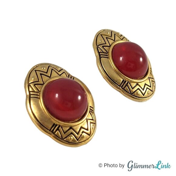 Vintage Zig Zag Faux Carnelian Oval Gold Tone Pierced Earrings - Picture 2 of 9